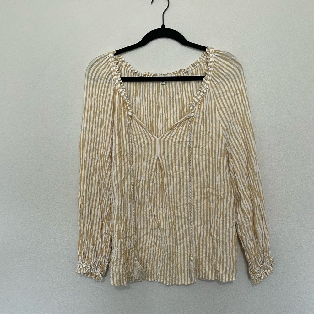Max studio womens yarndye bubble sleeve peasant top yellow and white stripe sz.M - Picture 6 of 7